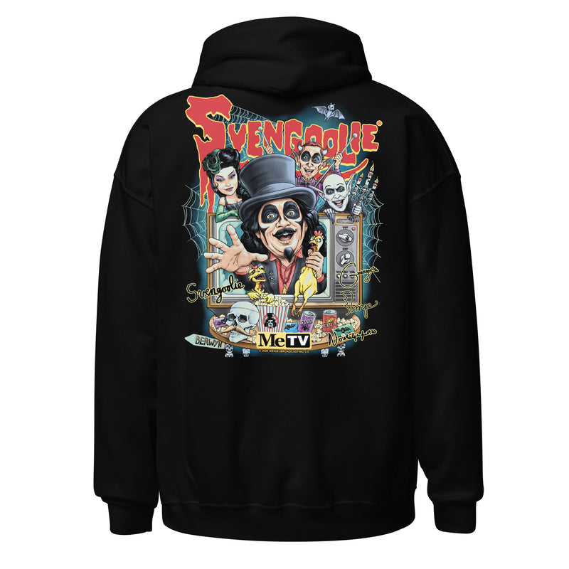 Back view of black pullover hoodie featuring a Svengoolie illustration of the host in a top hat with the text 'Svengoolie' in red at top.