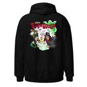 Back view of black pullover hoodie featuring a cartoon of Svengoolie with ghosts and a map, with the text 'Svengoolie' in red.