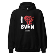 Black pullover hoodie featuring a red heart with a Svengoolie face graphic included in the text 'I Heart Sven' in black above and the MeTV logo below it.