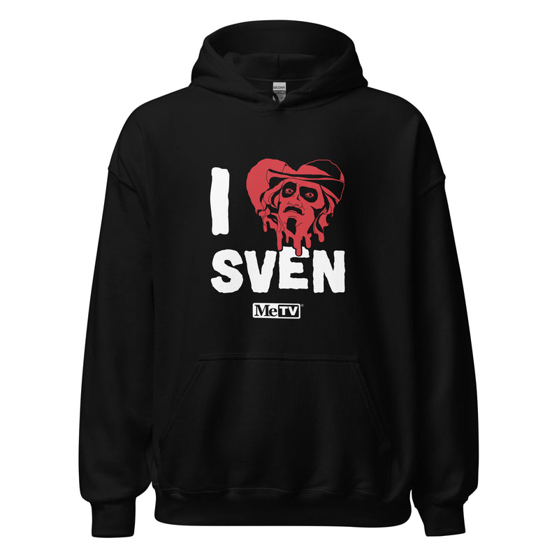 Black pullover hoodie featuring a red heart with a Svengoolie face graphic included in the text 'I Heart Sven' in black above and the MeTV logo below it.