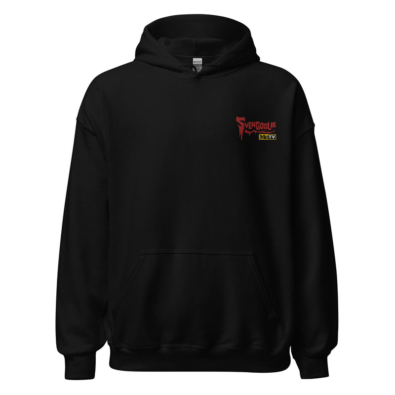 Front view of black pullover hoodie with a small red Svengoolie logo and 'MeTV' logo embroidered on the upper right chest