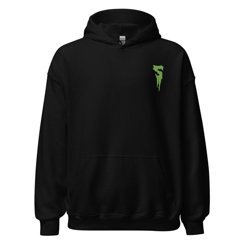 Black pullover hoodie with hood, kangaroo pocket, and green embroidered dripping S logo on the left chest.
