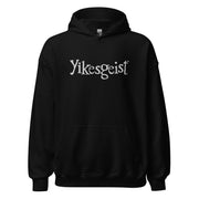 Front view of black pullover hoodie featuring the Yikesgeist logo embroidered in white across the chest with the text 'Yikesgeist™' in white above the kangaroo pocket.