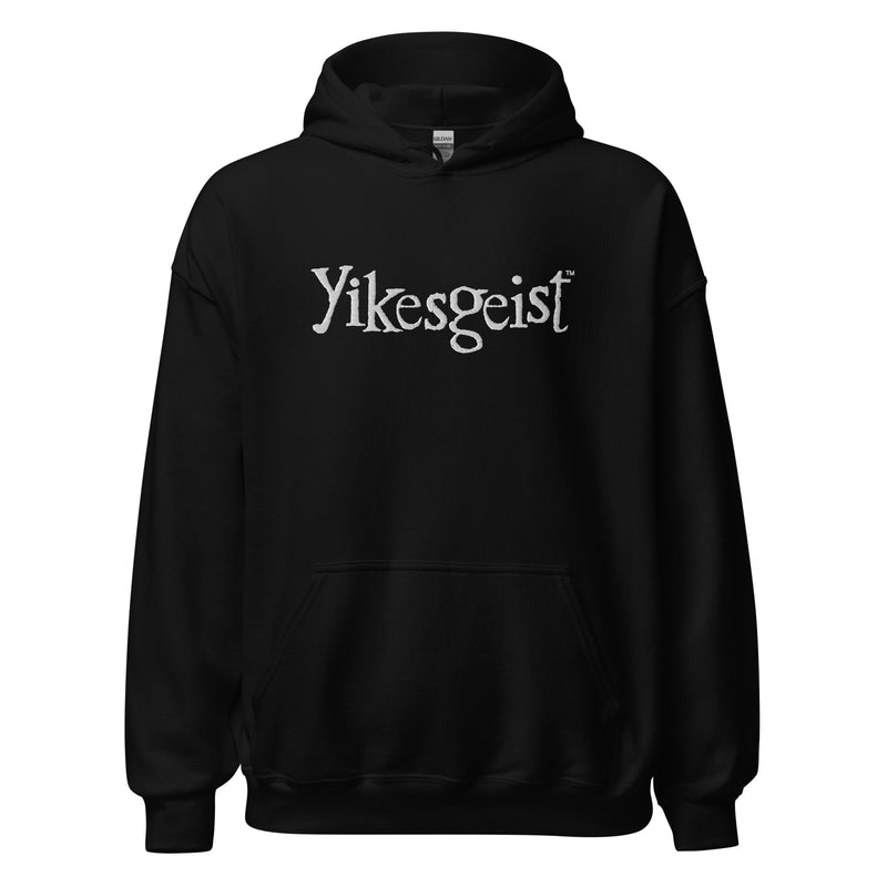 Front view of black pullover hoodie featuring the Yikesgeist logo embroidered in white across the chest with the text 'Yikesgeist™' in white above the kangaroo pocket.