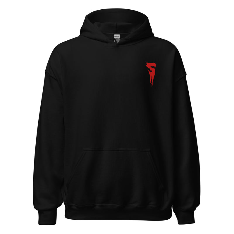 Black pullover hoodie with a front pocket and a red embroidered Svengoolie dripping S logo on the left chest.