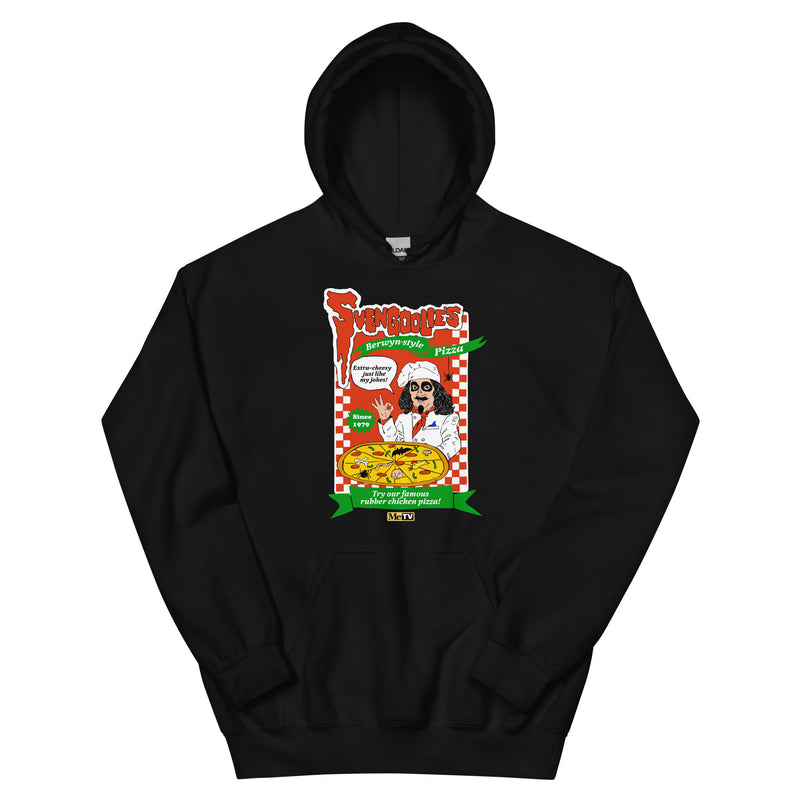Black pullover hoodie featuring a Svengoolie pizza box graphic with a chef character and the text 'Svengoolie' in red at top left.