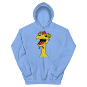 front view of light blue hoodie featuring a large cartoon Kerwyn head with a red comb, wide eyes, and an open mouth.