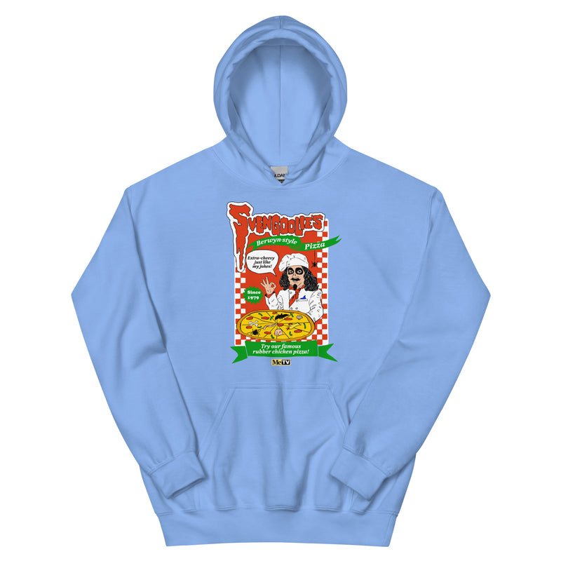 Light blue hoodie featuring a Svengoolie chef graphic with pizza with the text 'Svengoolie' in red above 'Berwyn-style Pizza' in green.