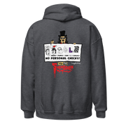 Back view of dark heather gray zip-up hoodie featuring Svengoolie holding a rebus sign with the text 'NO PERSONAL CHECKS!' in black above a red Svengoolie logo