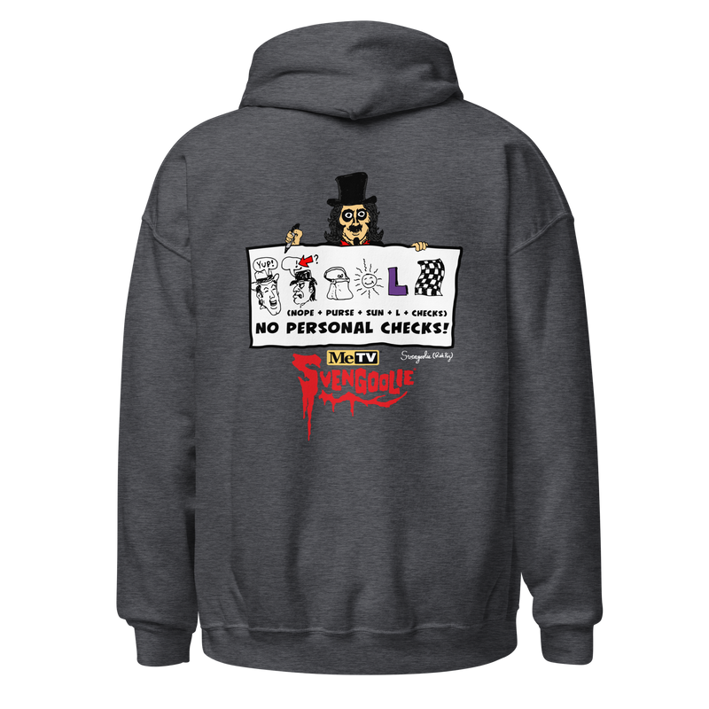 Back view of dark heather gray zip-up hoodie featuring Svengoolie holding a rebus sign with the text 'NO PERSONAL CHECKS!' in black above a red Svengoolie logo
