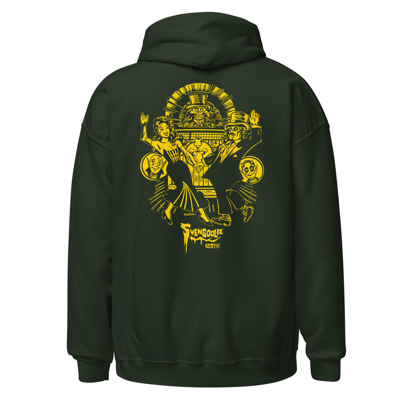 Back view of forest green hoodie featuring a yellow Joe Staton illustration of Svengoolie and Gwengoolie dancing in a vintage nightclub scene with the text 'Svengoolie' in yellow below it.