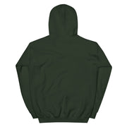 Back view of dark green pullover hoodie with a plain back and no visible graphic or text.