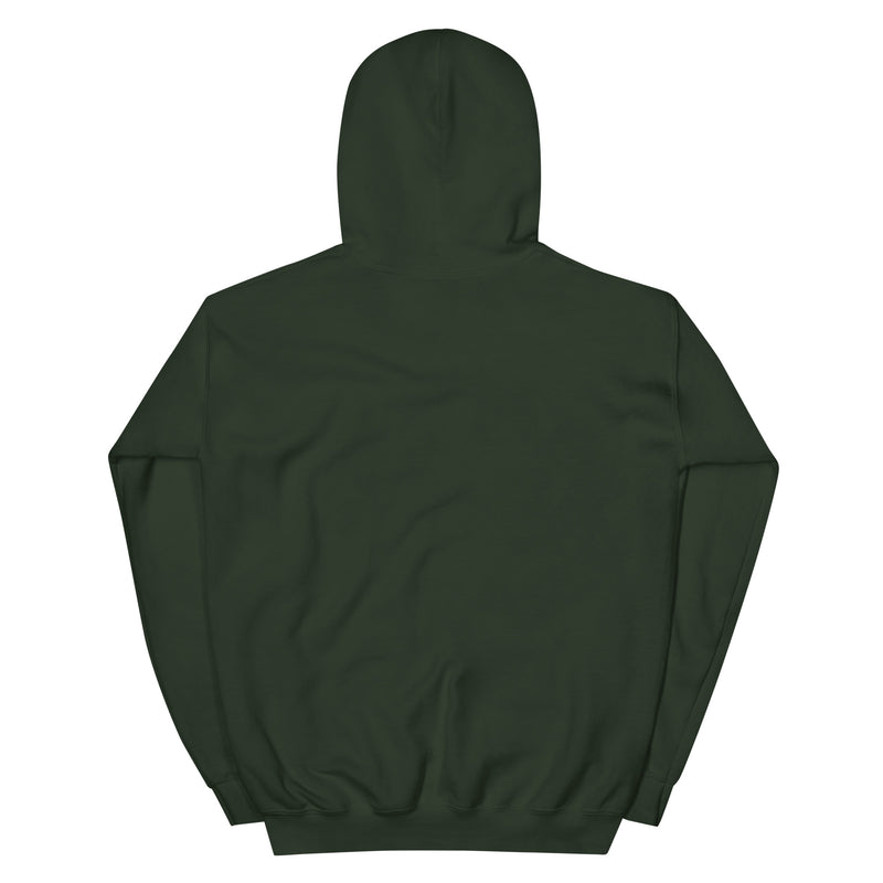 Back view of dark green pullover hoodie with a plain back and no visible graphic or text.