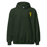 Forest green pullover hoodie with hood, kangaroo pocket, and gold embroidered dripping S logo on the left chest.