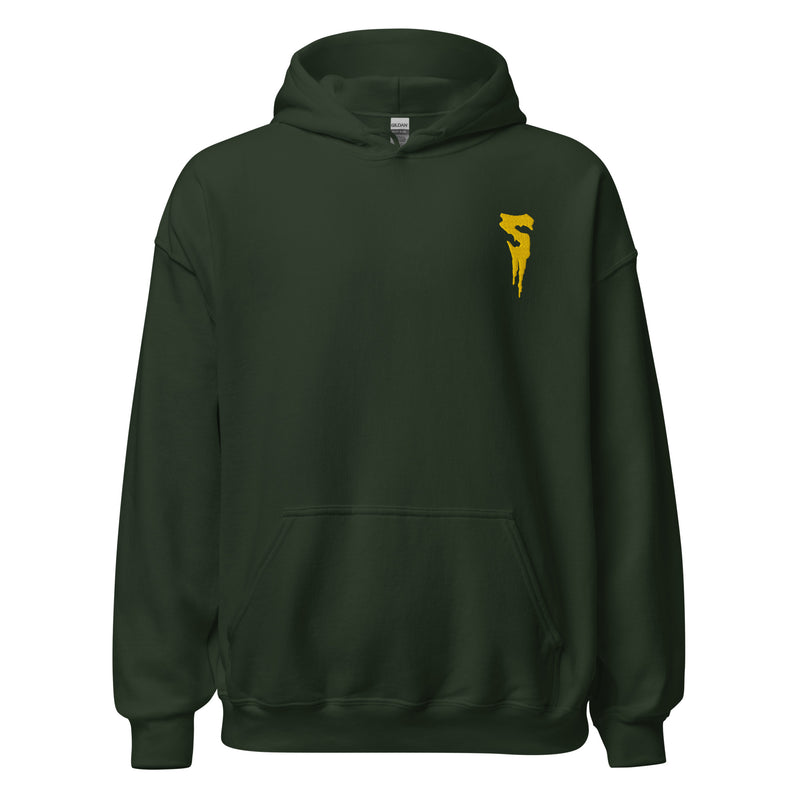 Forest green pullover hoodie with hood, kangaroo pocket, and gold embroidered dripping S logo on the left chest.