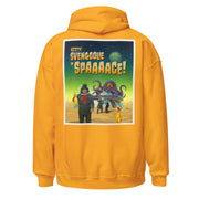 Back view of gold pullover hoodie featuring vintage poster art featuring the text 'SVENGOOLIE IN SPAAAACE!' in yellow and orange above an image of Svengoolie and the Sven Squad with a tentacled alien.