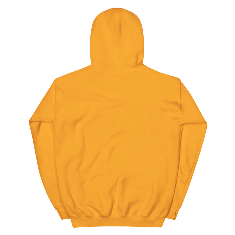 Back view of gold Kerwyn Big Head Hoodie showing plain fabric with no graphic.
