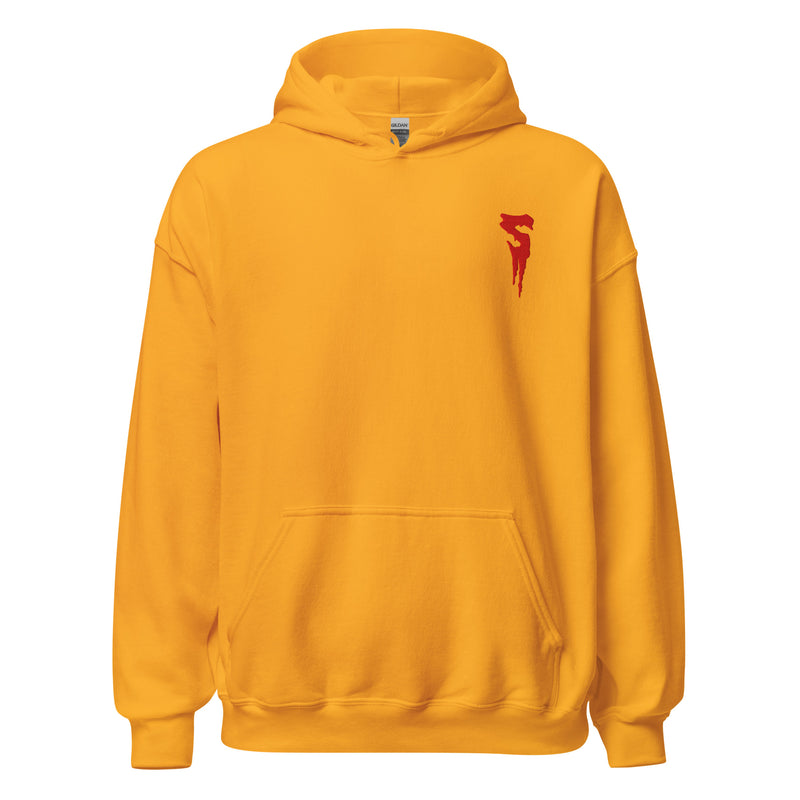 Front view of gold pullover hoodie with a front pocket and a red embroidered Svengoolie dripping S logo on the left chest.