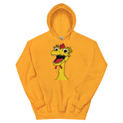 front view of gold hoodie featuring a large cartoon Kerwyn head with a red comb, wide eyes, and an open mouth.