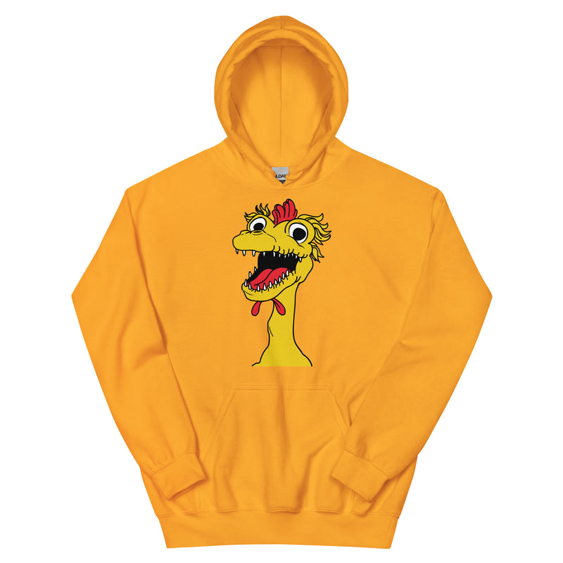 front view of gold hoodie featuring a large cartoon Kerwyn head with a red comb, wide eyes, and an open mouth.