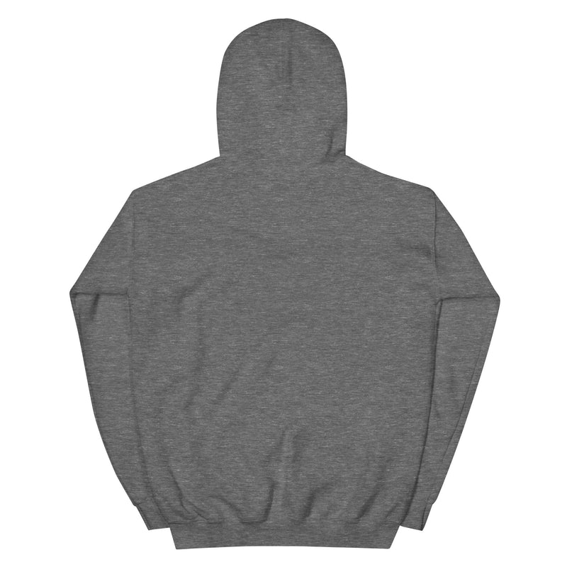 Back view of dark heather gray pullover hoodie with a plain back and no visible graphic or text.