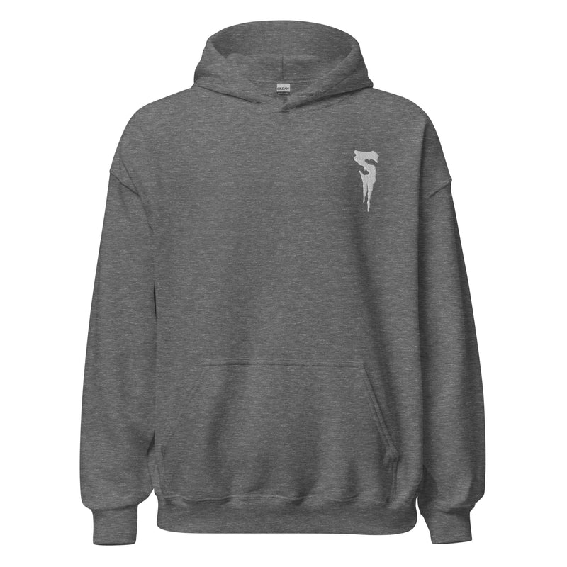 Dark heather gray pullover hoodie with hood, kangaroo pocket, and white embroidered dripping S logo on the left chest.