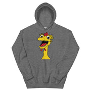 front view of Gray hoodie featuring a large cartoon Kerwyn head with a red comb, wide eyes, and an open mouth.