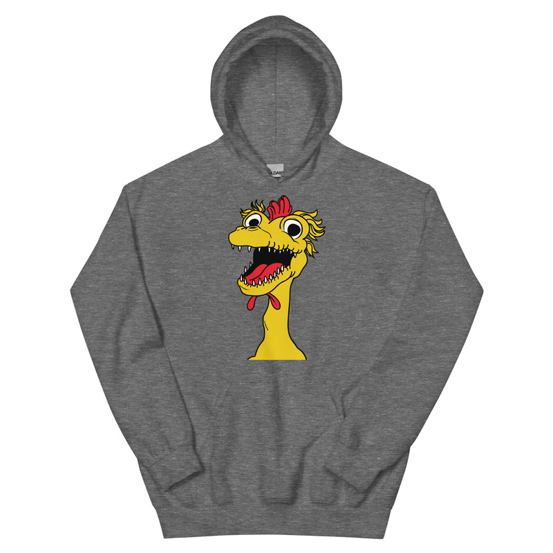 front view of Gray hoodie featuring a large cartoon Kerwyn head with a red comb, wide eyes, and an open mouth.