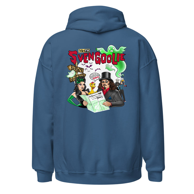 Back view of indigo hoodie featuring cartoon Svengoolie holding a map with ghosts and bats, with the text 'Svengoolie' in red above.