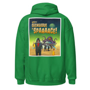 Back view of Irish green hoodie featuring vintage poster art featuring the text 'SVENGOOLIE IN SPAAAACE!' in yellow and orange above an image of Svengoolie and the Sven Squad with a tentacled alien.