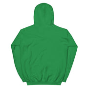 Back view of green pullover hoodie with a plain back and no visible graphic or text.