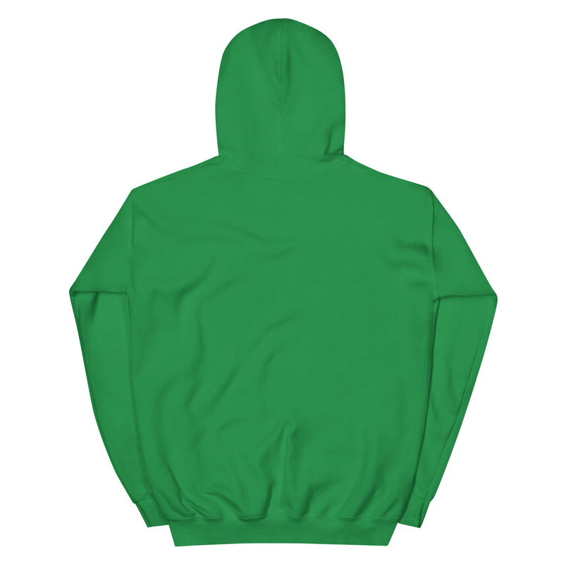 Back view of green pullover hoodie with a plain back and no visible graphic or text.