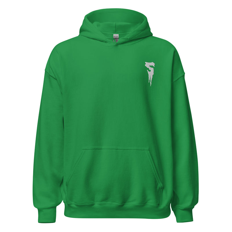 Green hooded pullover sweatshirt with a front pocket and a white embroidered Svengoolie dripping S logo on the left chest.