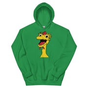 front view of Green hoodie featuring a large cartoon Kerwyn head with a red comb, wide eyes, and an open mouth.