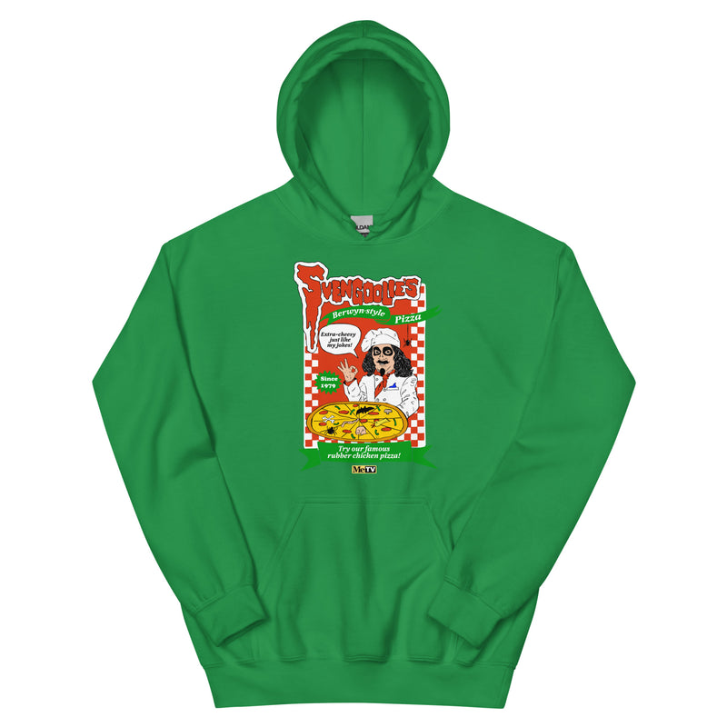 Irish green hoodie featuring a Svengoolie pizza graphic with the text 'Svengoolie' in red at top and 'Berwyn-style Pizza' in green.
