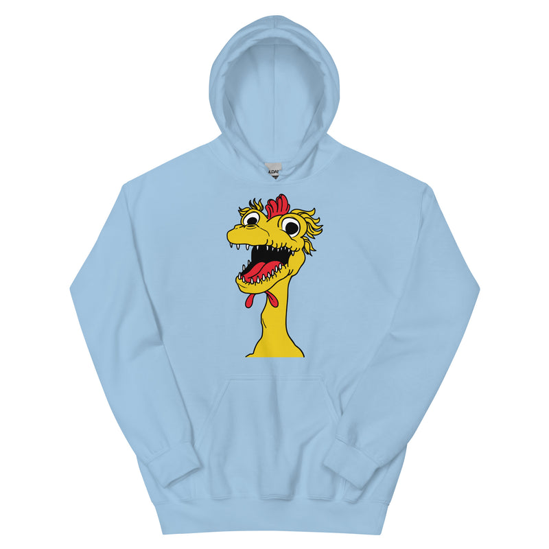 front view of baby blue hoodie featuring a large cartoon Kerwyn head with a red comb, wide eyes, and an open mouth.