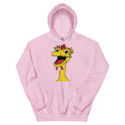 Front view of light pink hoodie featuring a large cartoon Kerwyn head with a red comb, wide eyes, and an open mouth.