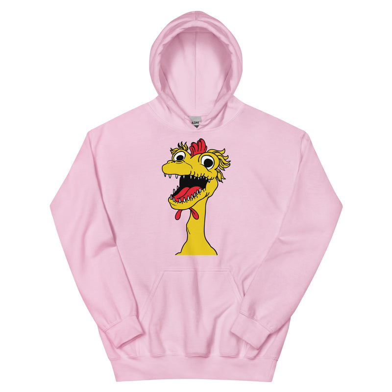 Front view of light pink hoodie featuring a large cartoon Kerwyn head with a red comb, wide eyes, and an open mouth.