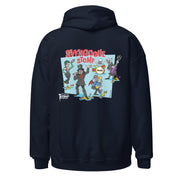 Back view of navy blue hoodie featuring Cartoon band of Svengoolie characters with SVENGOOLIE STOMP text above and Svengoolie logo at lower left