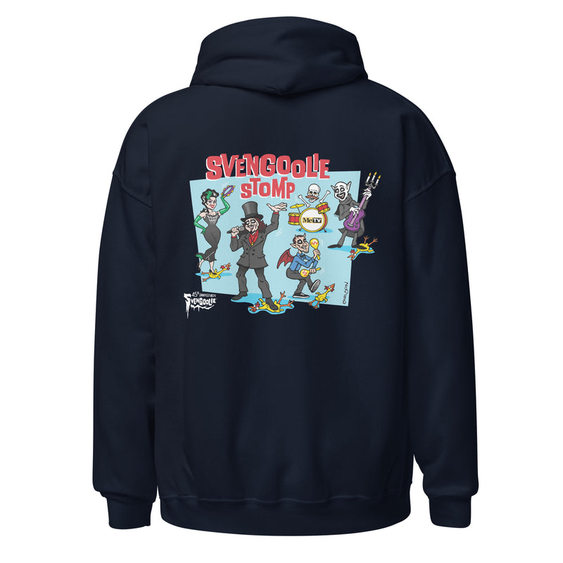 Back view of navy blue hoodie featuring Cartoon band of Svengoolie characters with SVENGOOLIE STOMP text above and Svengoolie logo at lower left