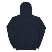Back view of navy pullover hooded sweatshirt with a solid unprinted back, long ribbed cuffs, and a ribbed hem at the waist.