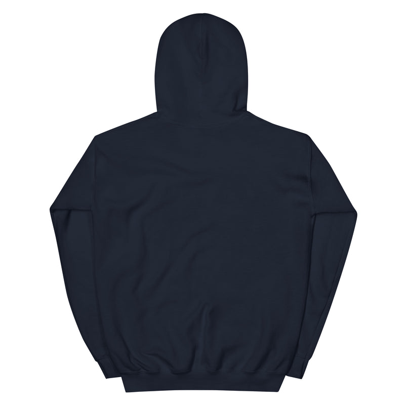 Back view of navy pullover hooded sweatshirt with a solid unprinted back, long ribbed cuffs, and a ribbed hem at the waist.