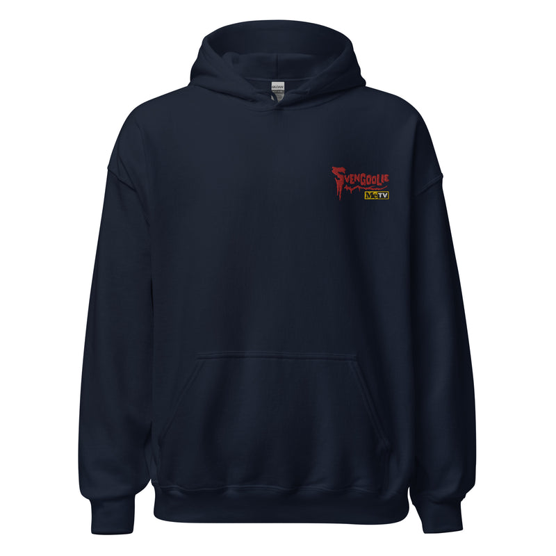 Front view of navy blue pullover hoodie with a small red Svengoolie logo and 'MeTV' logo embroidered on the upper right chest