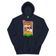 Navy hoodie featuring a pizza box graphic with the Svengoolie logo, the text 'Svengoolie's Berwyn-style Pizza' in red and green, and Svengoolie holding a pizza.