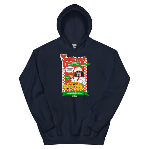 Navy hoodie featuring a pizza box graphic with the Svengoolie logo, the text 'Svengoolie's Berwyn-style Pizza' in red and green, and Svengoolie holding a pizza.