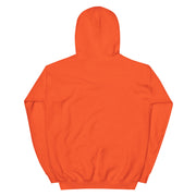 Back view of orange pullover hoodie with a plain back and no visible graphic or printed text.