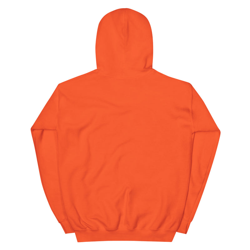 Back view of orange pullover hoodie with a plain back and no visible graphic or printed text.