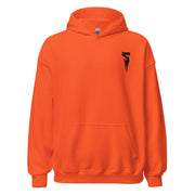 Orange pullover hoodie with hood, kangaroo pocket, and black embroidered dripping S logo on the left chest.