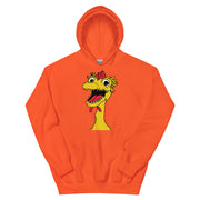 front view of Orange hoodie featuring a large cartoon Kerwyn head with a red comb, wide eyes, and an open mouth.