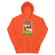 Front view of orange hoodie with a Svengoolie Berwyn-style Pizza graphic featuring the text 'Svengoolie' in white above it.
